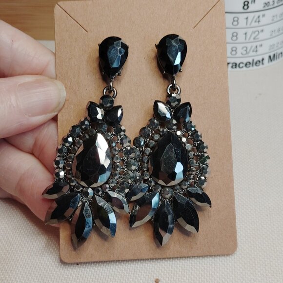 Dark Gray Rhinestone Crystal Chandelier Drop Earrings 3 Inch Statement - Picture 6 of 6